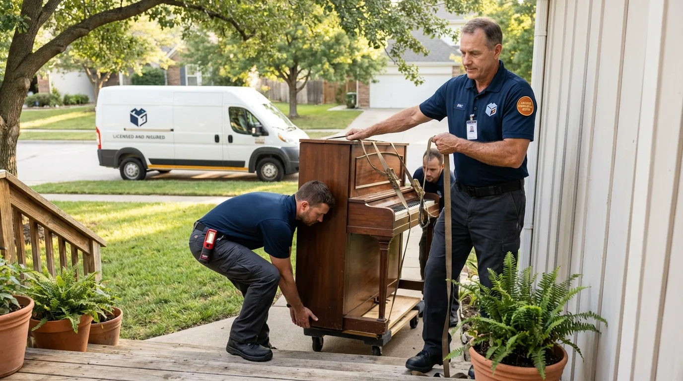 Licensed piano movers securing grand piano in Pico Rivera, CA