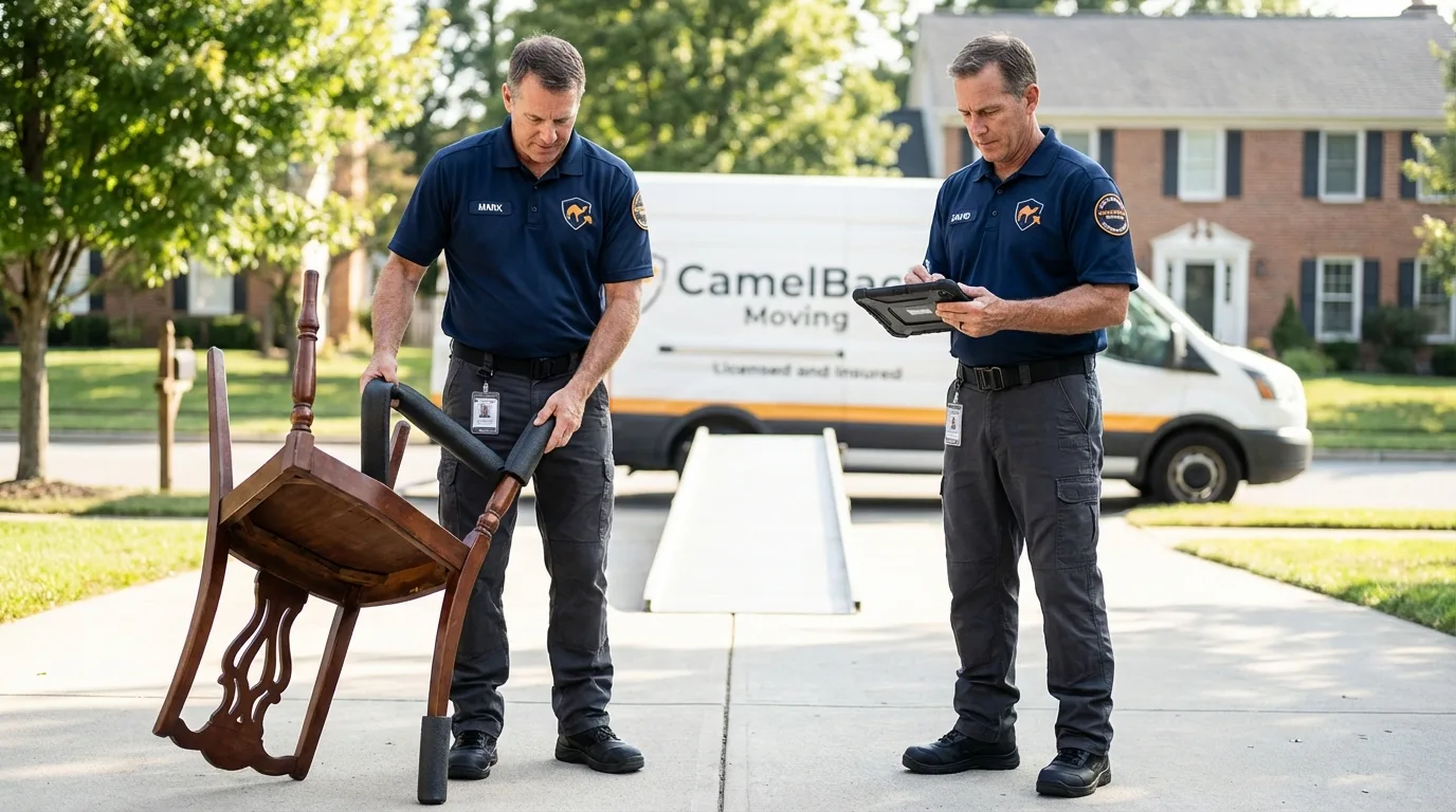 Movers inspecting furniture for damage prevention before loading in Pico Rivera, CA