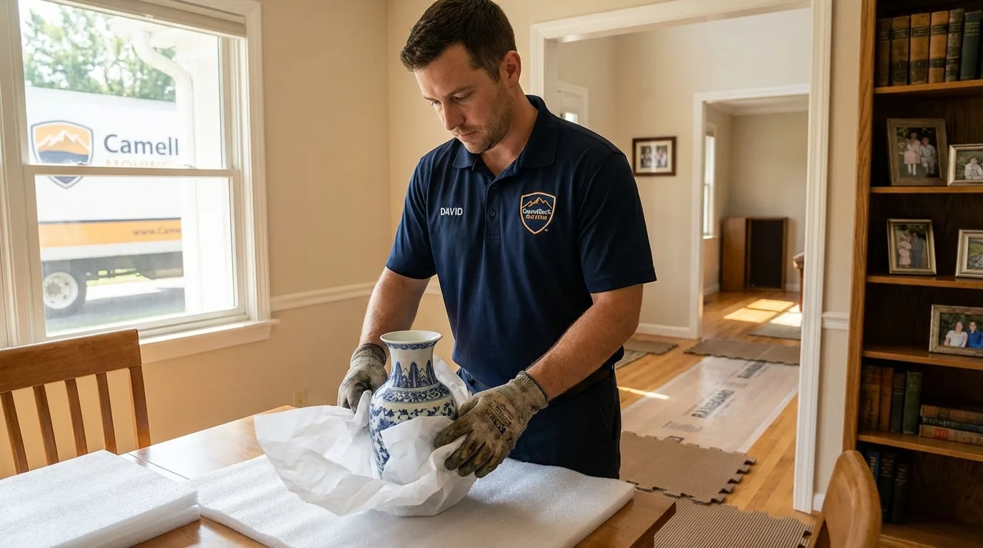 Professional crew carefully wrapping antique vase for senior downsizing move in Pico Rivera, CA